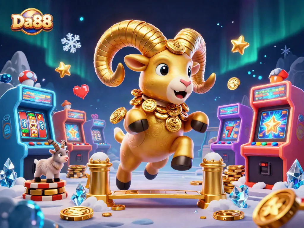 Experience thrilling wins with DA88, showcasing a golden ram charging at a grand gate amidst slot and game elements.