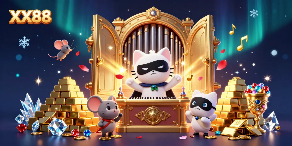 Experience the thrill of XX88 at an ornate casino featuring a phantom cat and mouse acrobat.