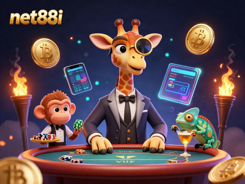 Experience high-stakes gaming at net88i with a 3D giraffe and casino elements.