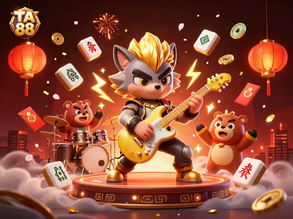 Experience the excitement of TA 88 online casino with a dynamic rock star wolf and drummer bear on stage.