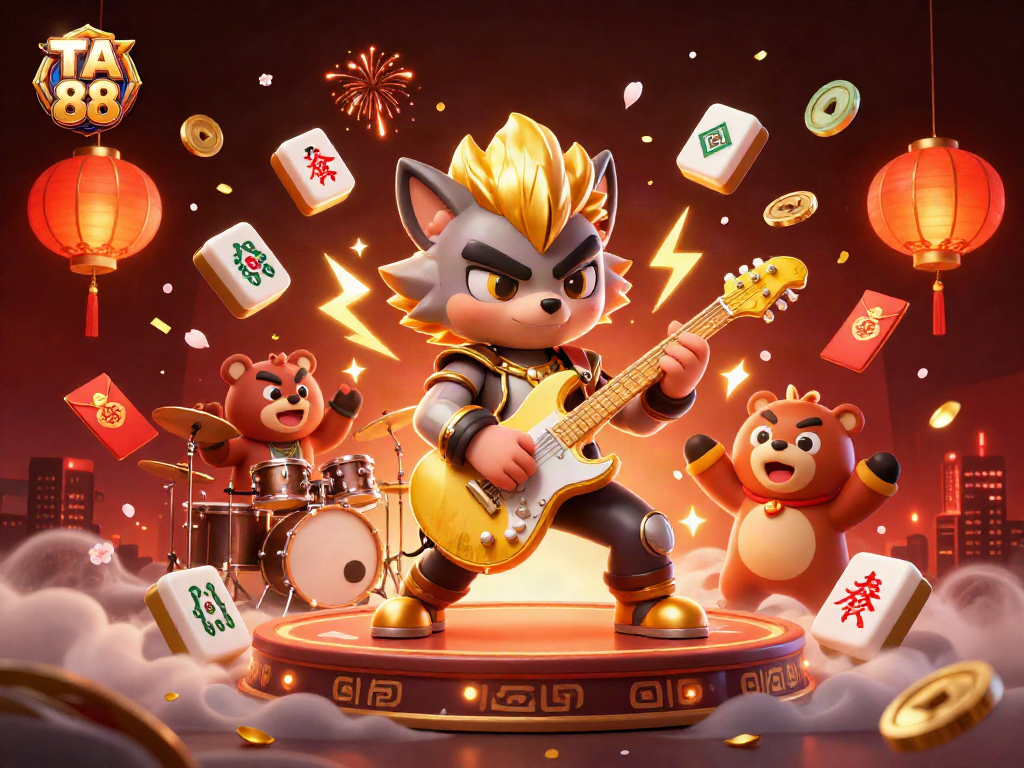 Experience the excitement of TA 88 online casino with a dynamic rock star wolf and drummer bear on stage.