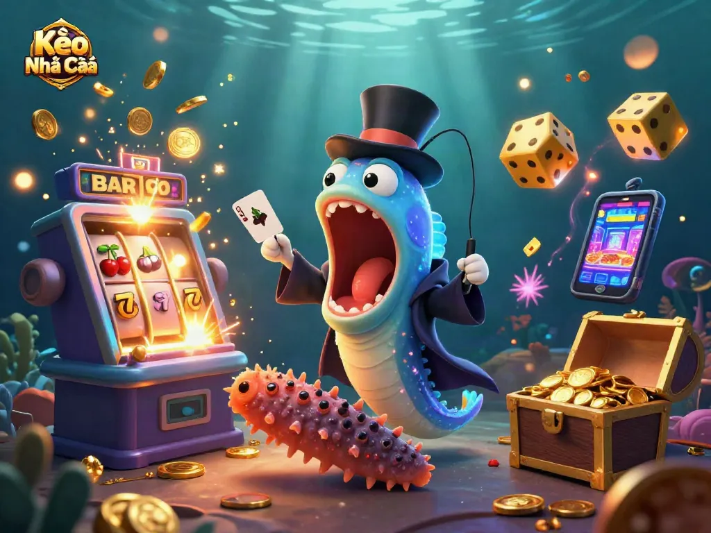 Engage with Kèo Nhà Cái in an exciting deep-sea casino scene packed with colorful game symbols.