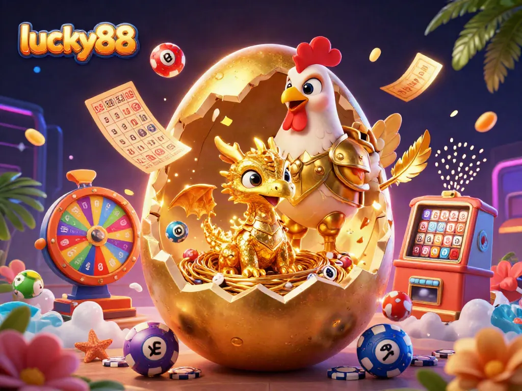 Engage with lucky88's thrilling gaming experience featuring golden dragons, poker chips, and vibrant lottery elements.