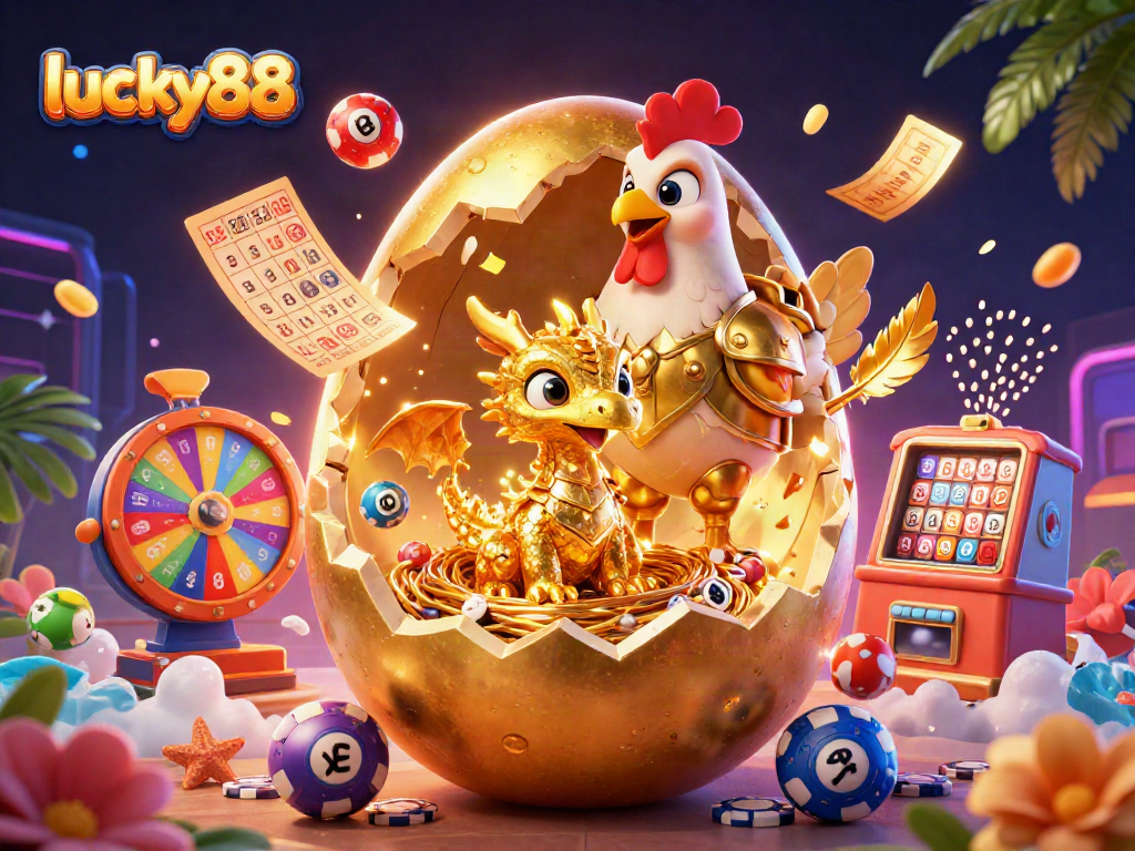 Engage with lucky88's thrilling gaming experience featuring golden dragons, poker chips, and vibrant lottery elements.