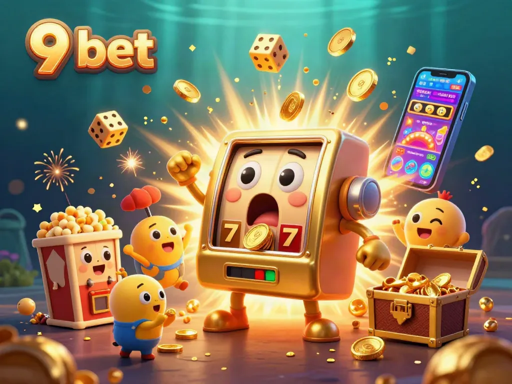 Play exciting games at 9 bet with lively slot machines celebrating jackpots in a vibrant casino scene.