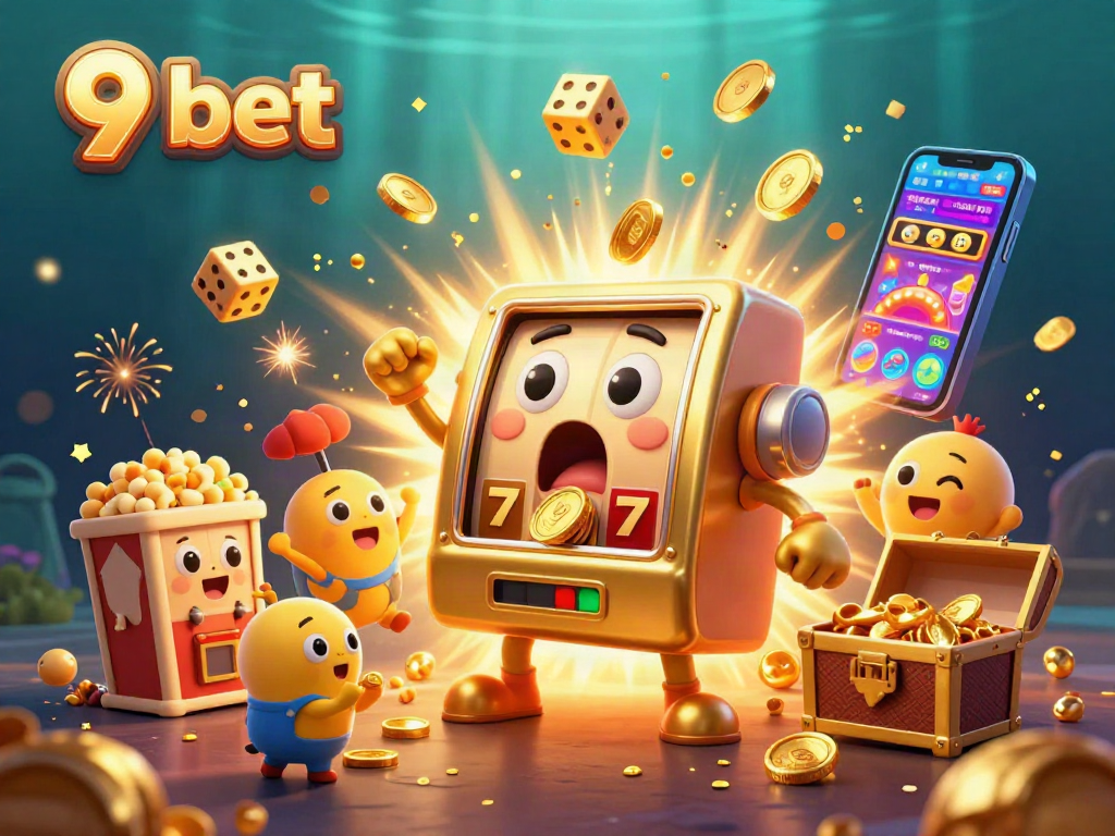 Play exciting games at 9 bet with lively slot machines celebrating jackpots in a vibrant casino scene.