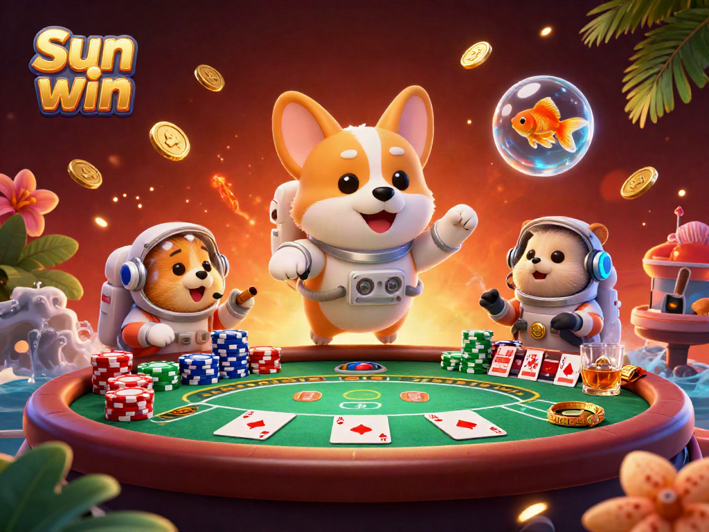 Engage in vibrant and exciting gameplay at Sun win, depicted with cartoon characters in a cosmic casino.