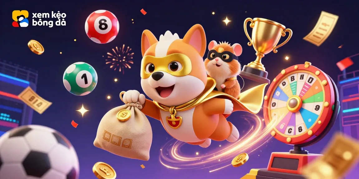 Experience xem kèo bóng đá with a superhero dog and hamster amidst colorful sports elements and dynamic visuals.