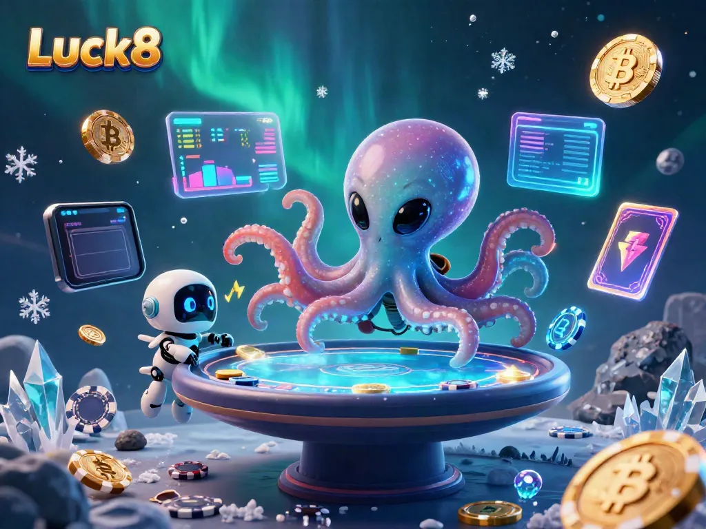 Luck8 features a vibrant scene with an alien octopus at a poker table amidst dynamic digital gaming elements.