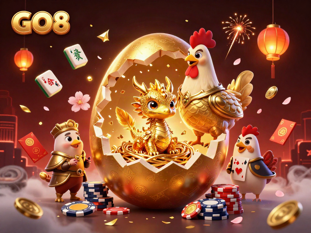 Engage with the exciting GO8 gaming scene featuring a golden dragon surrounded by poker elements and festive decorations.