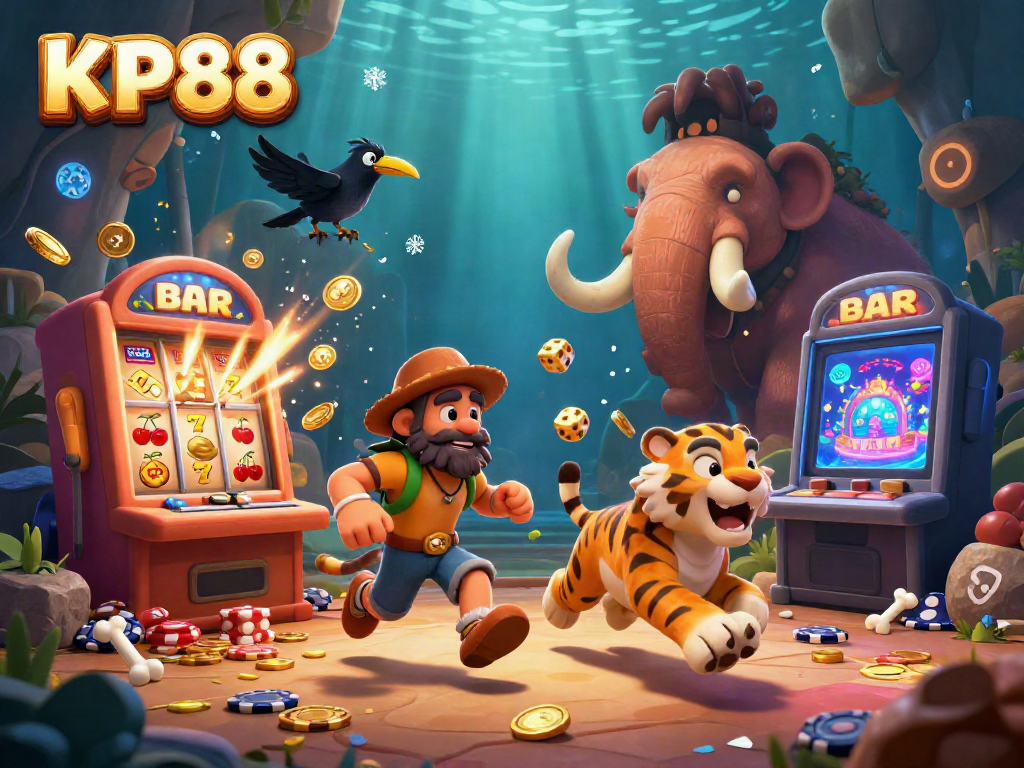 Engage in vibrant gambling action at KP88's prehistoric casino with lively characters, slot machines, and dynamic gameplay.