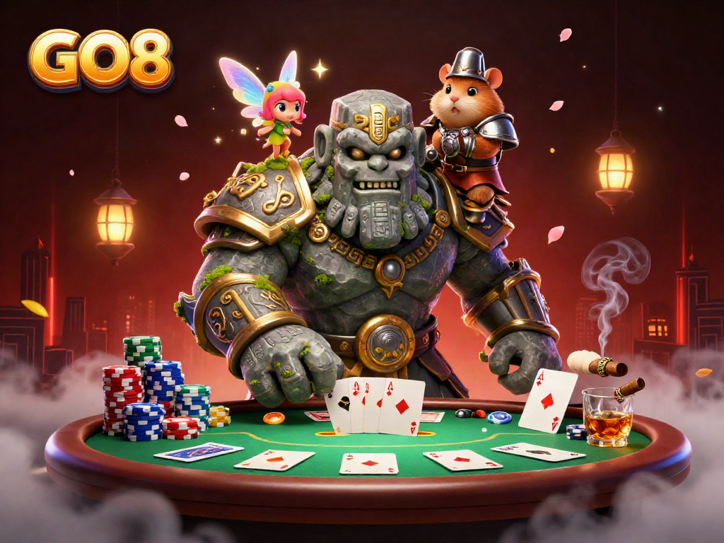 Experience the thrill of GO8 as the golem guardian, fairy, and hamster knight engage in high-stakes poker action.