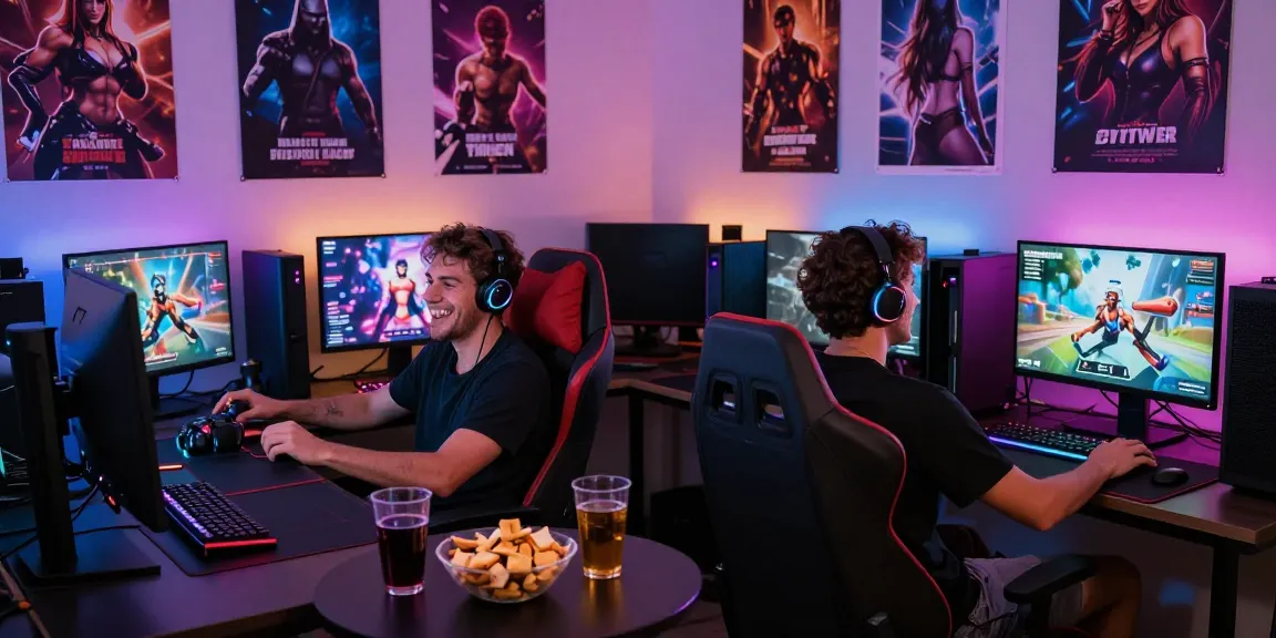 Two friends enjoying a multiplayer porn game with vibrant gaming setup