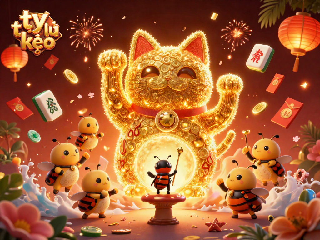 Engage with the dynamic world of tỷ lệ kèo through a vibrant illustration showcasing a lucky cat and magical casino symbols.