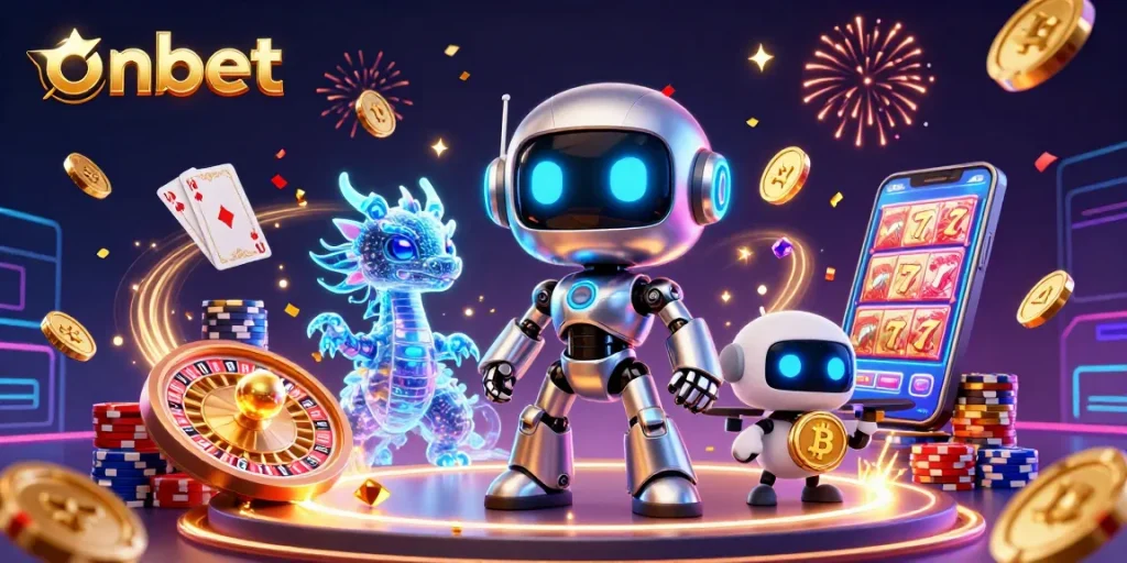 Engage with onbet's vibrant 3D casino scene, featuring a futuristic robot and dynamic gambling elements.