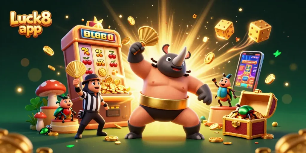 Engage with the Luck8 app featuring a dynamic 3D casino scene with vibrant characters and exciting game elements.