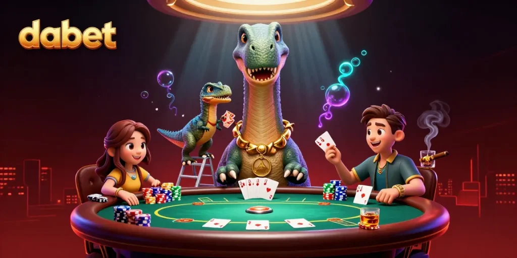 Experience the fun at dabet with a towering brontosaurus and clever dealer in a vibrant poker scene.