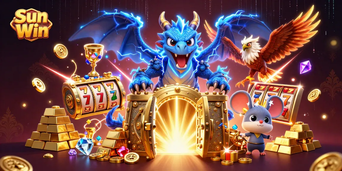 Engage with Sun Win's thrilling casino experience featuring vibrant 3D characters and glittering treasures.