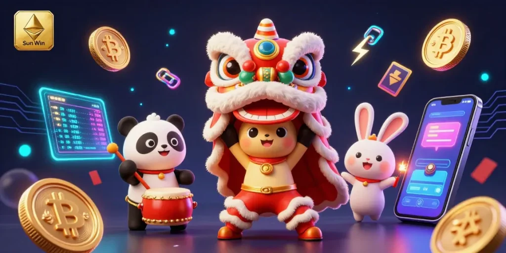 Experience the spirit of Sun Win casino with vibrant lion dance, crypto coins, and stunning game elements.