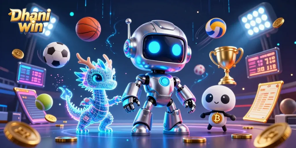 Dhani win gaming illustration showcasing exciting casino elements and dynamic characters in action.