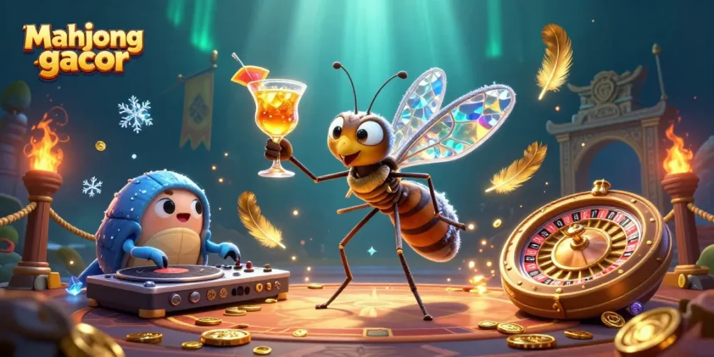 Immerse in mahjong gacor with a vibrant 3D casino scene featuring unique characters and energetic elements.