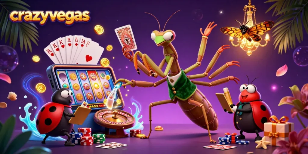 Experience gaming thrills at crazyvegas with a giant mantis card sharp and colorful slot elements.