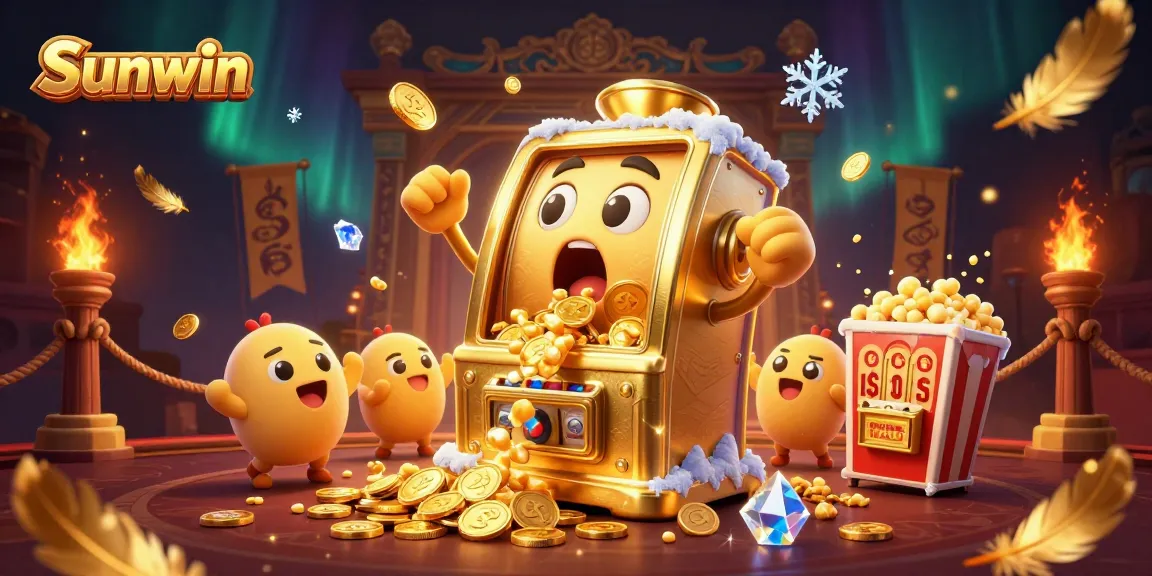 Sunwin's golden jackpot slot machine surprises with coin outpouring during an animated casino scene.