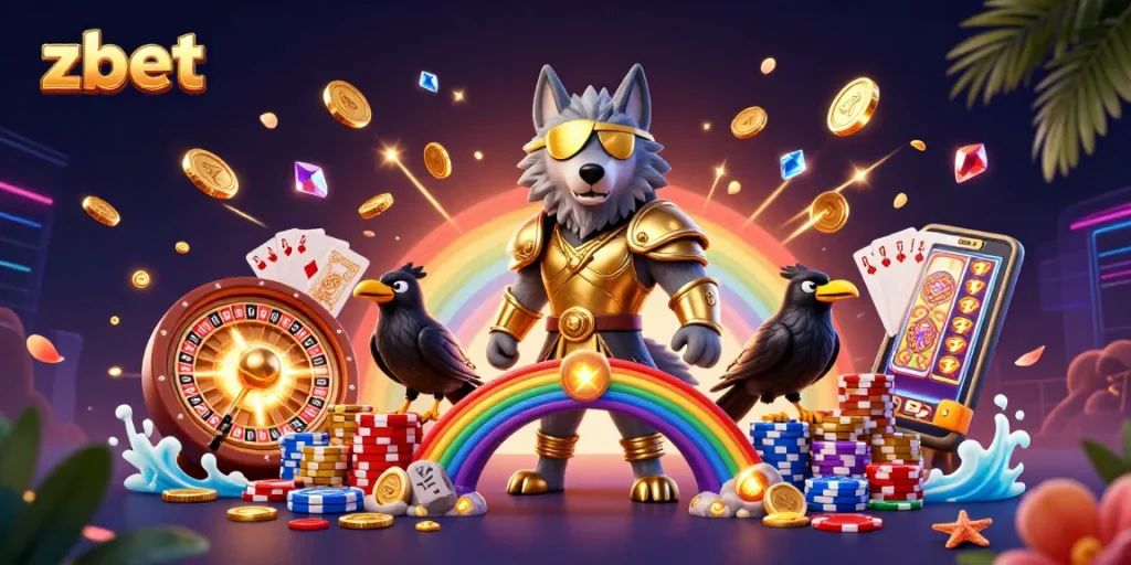 zbet showcases an Odin wolf with riches, spinning roulette, and glowing slot reels for gamers.
