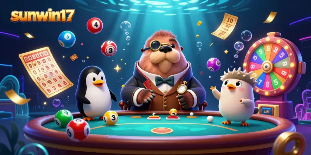 Join the fun at sunwin17 with a jolly walrus playing poker in a vibrant underwater casino scene.