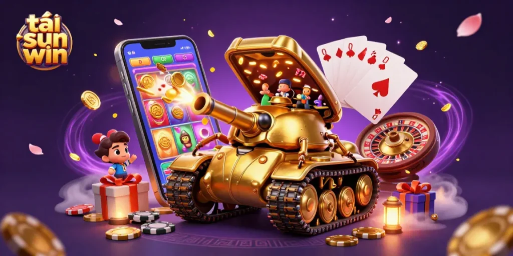 Engage with the tải sun win experience in this vibrant casino-themed illustration featuring a golden beetle tank and action-packed gaming elements.
