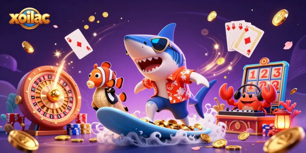 Surf the wave of gold coins with xoilac in a vibrant casino-themed digital scene.