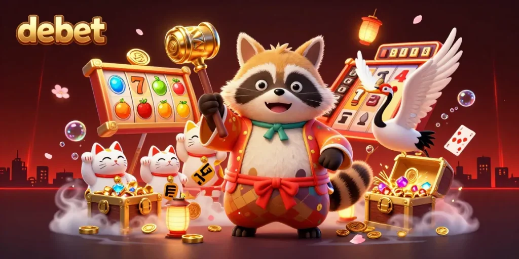 Play exciting slot games with debet's festive tanuki and winning symbols in a vibrant scene.