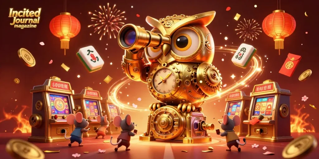 Engage with exciting slots and casino action in the Incited Journal magazine's vibrant illustration showcasing a festive gaming atmosphere.