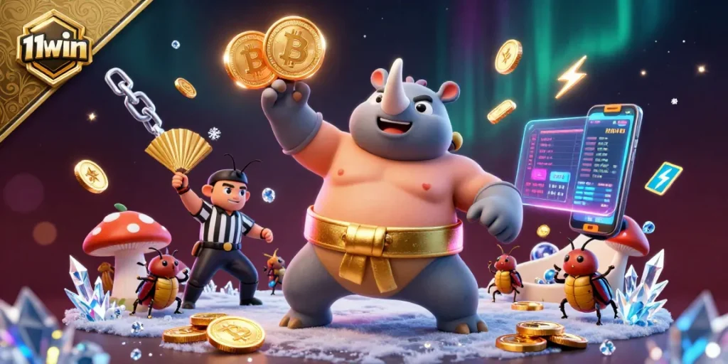 Join the excitement of cryptocurrency gaming at 11win with a dynamic casino scene featuring fun characters and vibrant elements.