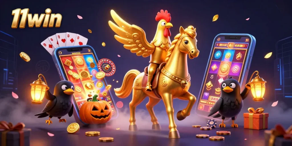11win reveals a golden rooster in a vibrant casino scene, embodying the spirit of gambling.