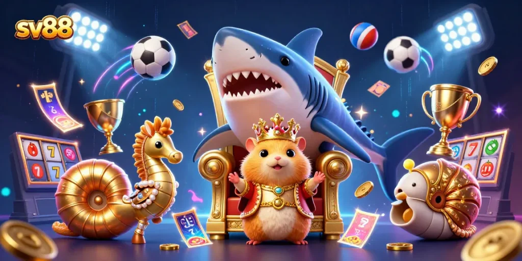 Experience excitement with sv88's dynamic betting universe featuring a hamster king and vibrant casino elements.