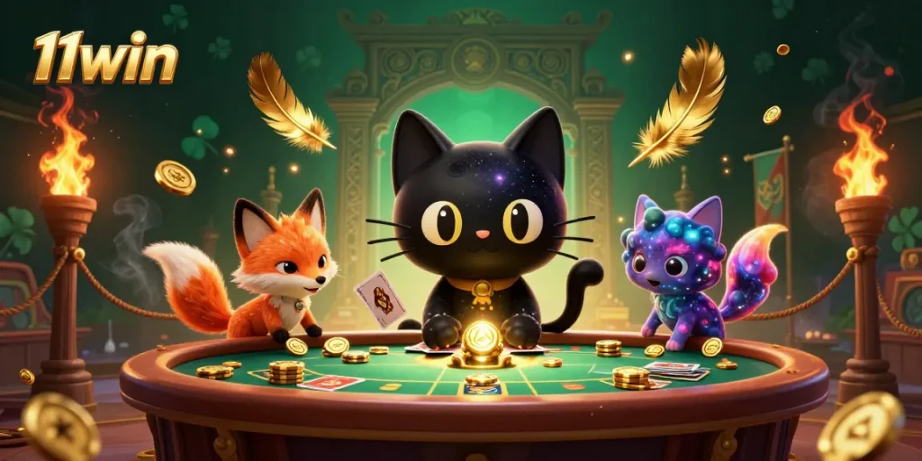 Engage with 11win at a cosmic casino table with unique characters and gambling elements.