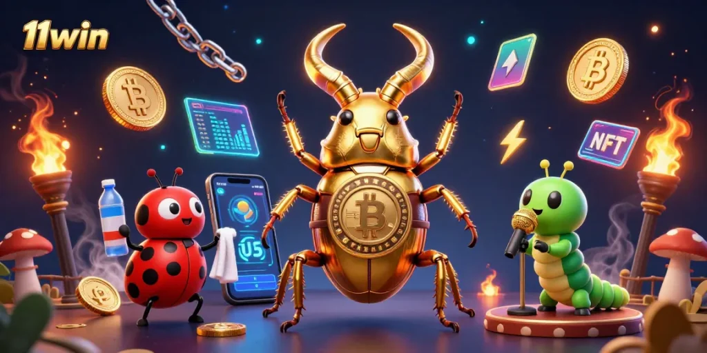 Engage with 11win’s vibrant casino scene featuring a golden stag beetle champion amidst crypto coins.