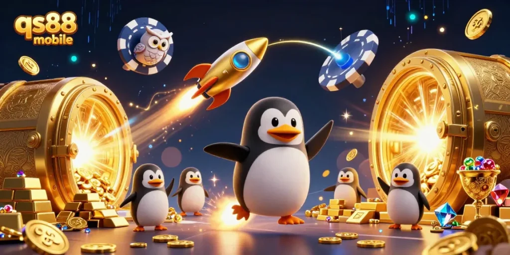 Enjoy thrilling gameplay with qs88 mobile featuring a rocket-powered penguin and dazzling casino elements.
