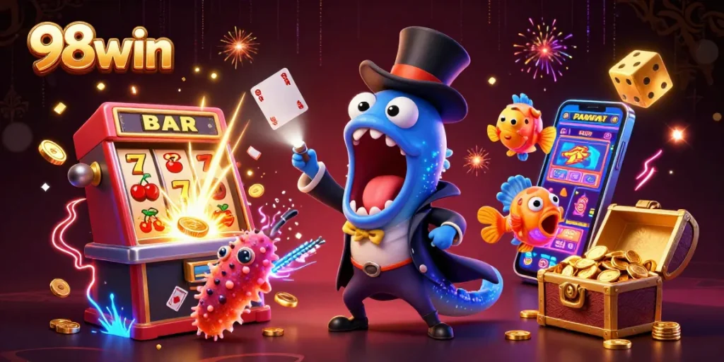 Engage with 98win's thrilling casino world featuring a magical eel performing card tricks.