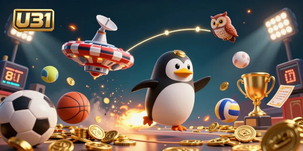 Experience the thrill of U31 with a playful golden penguin and casino elements in a vibrant 3D illustration.