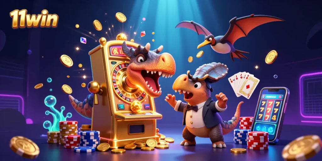 Experience jackpots at 11win with a pachycephalosaurus and golden coins in a vibrant casino scene.