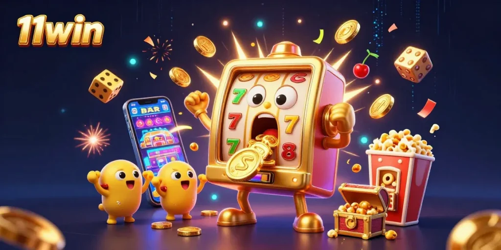 Win big with 11win at a lively slot machine jackpot celebration and colorful casino action.