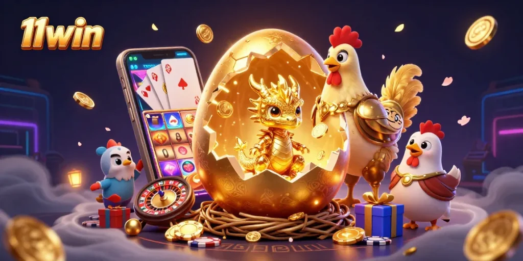 Join the thrill at 11win as the golden dragon emerges among dazzling casino treasures.