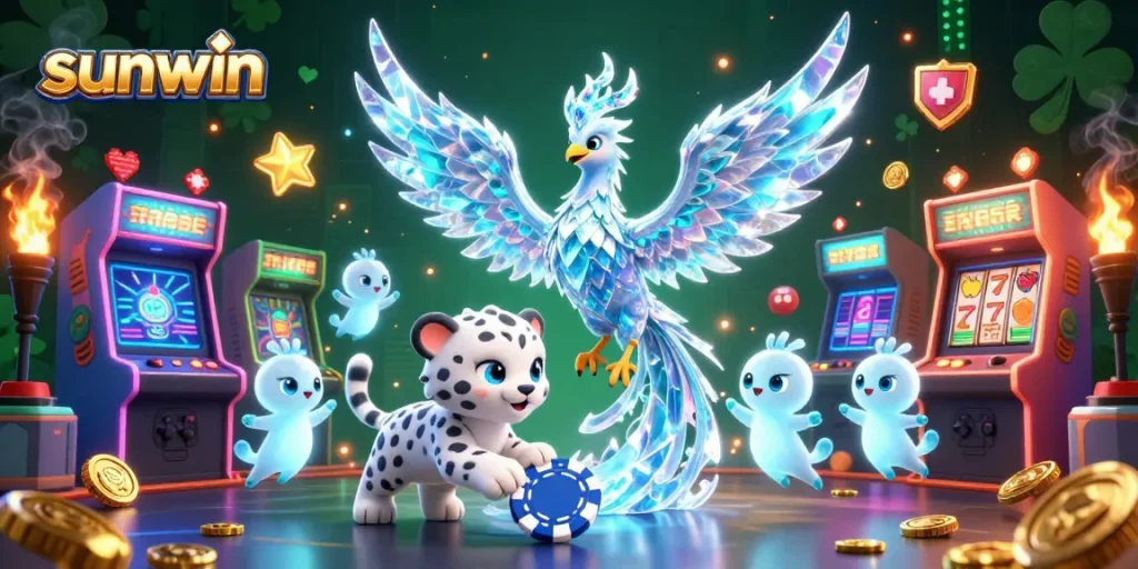 Engage with sunwin's colorful gaming scene featuring an ice phoenix, snow leopard cub, and vibrant slot elements.