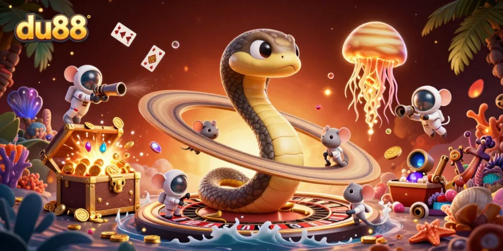 Experience exciting bets at du88 in a vibrant cosmic casino scene with playful characters.