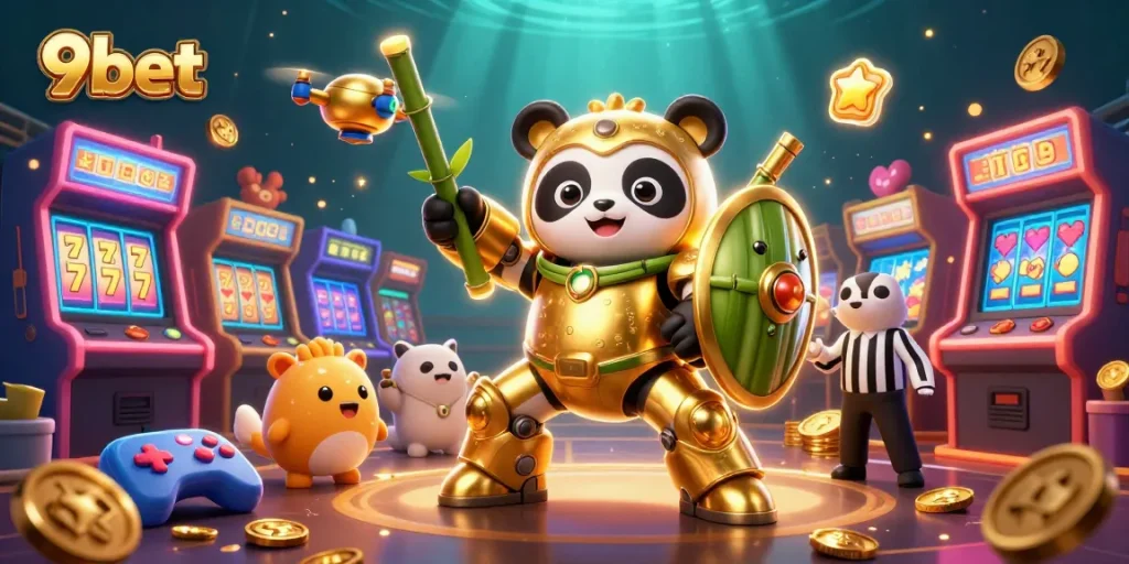 Engage in thrilling casino action with 9bet featuring a golden panda mech in a vibrant arena.