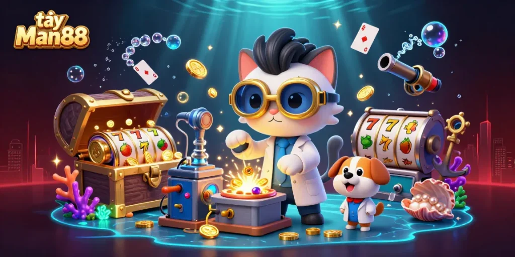 Engage in exciting gameplay at tại Man88 with vibrant slots and a cartoon scientist in action.