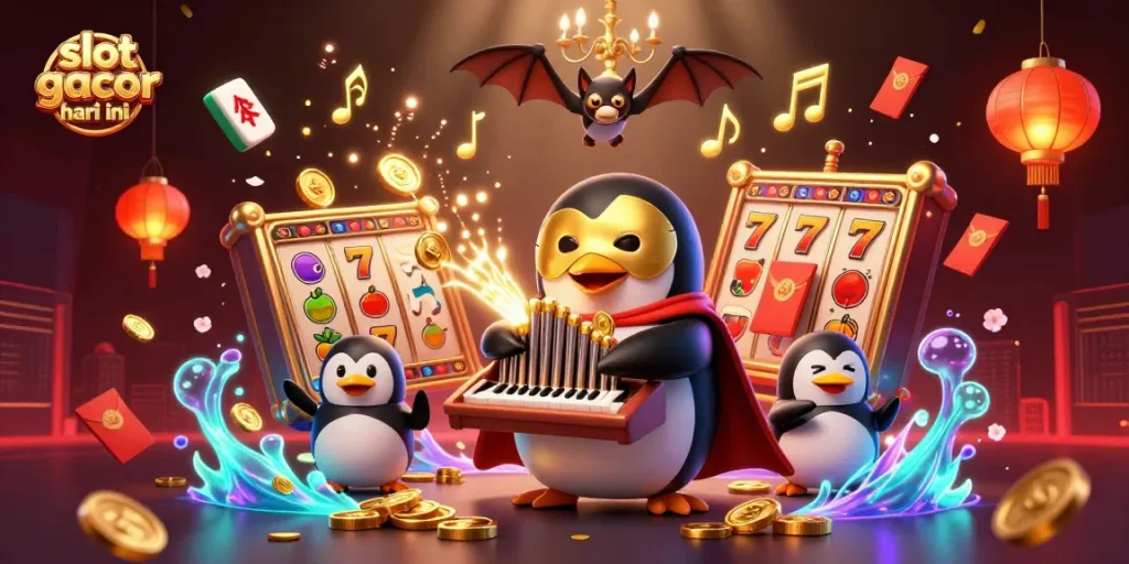 Engage with slot gacor hari ini as 3D penguin plays an organ shooting gold coins amidst festive casino elements.