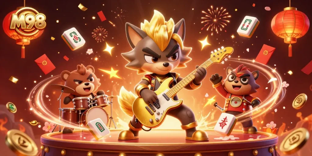 M98 engages players with a thrilling 3D casino illustration full of festive elements and a rock star atmosphere.